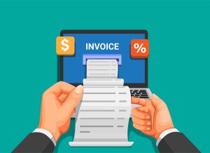 Bill invoice out from laptop. mobile payment and financial management concept in cartoon illustration vector